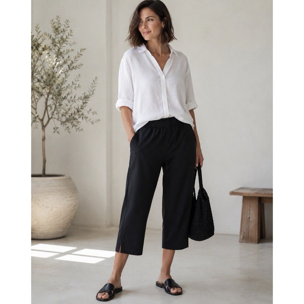Eileen Fisher Capri Pants Sz M Black Pull On Elastic Waist Tencel Blend Casual